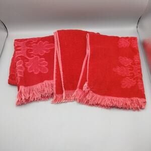 Vtg Cannon Royal Family Bath Towel & 2 Hand Towels Set Red Fringe Boho Chic USA